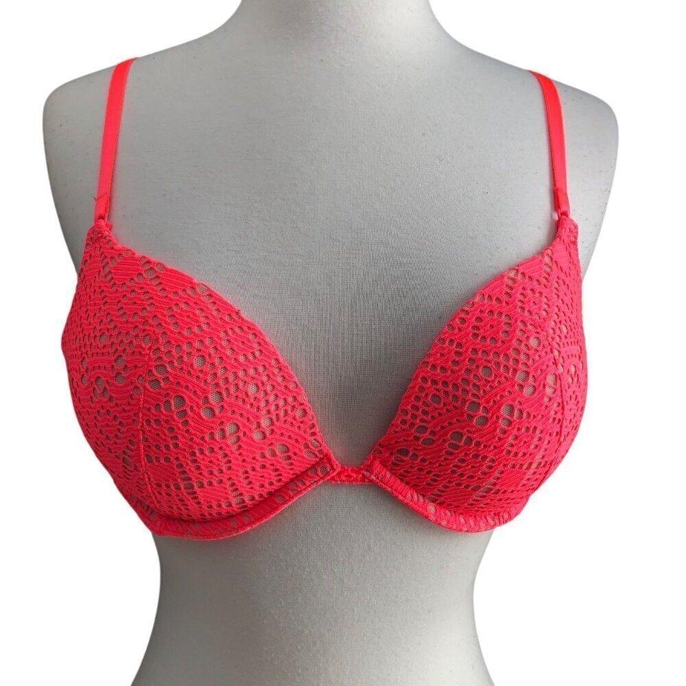 Victoria's Secret Padded Push Up Demi Bra 34C Neon Orange Lace Underwire - NEW